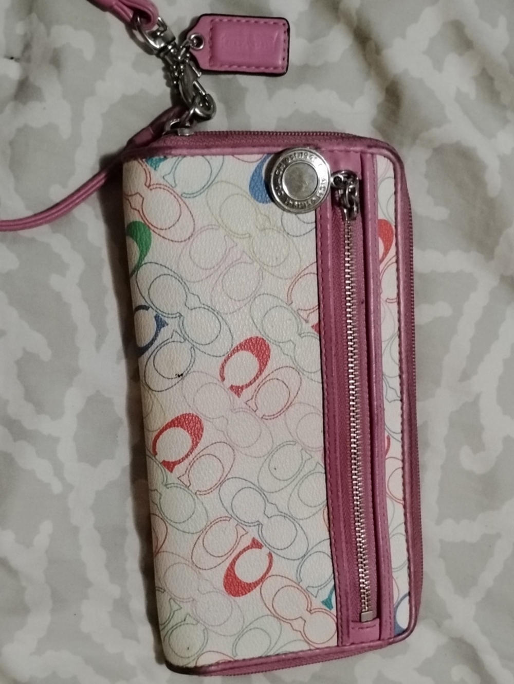 Coach Multicolor Signature Zip Wristlet with Pink Trim